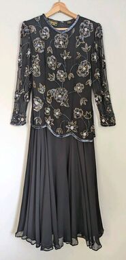 Superb Vintage 1980s 100% Silk Beaded Evening Dress Black Sequin Cocktail Maxi M
